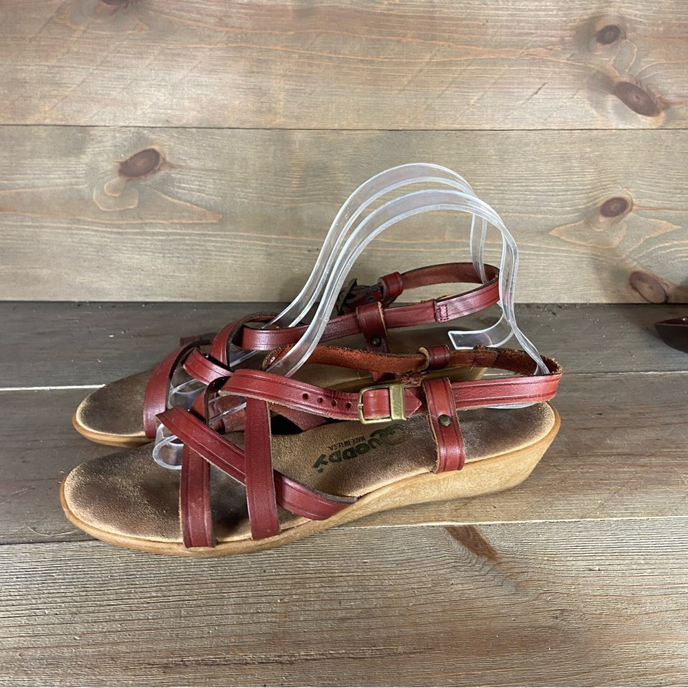 quoddy womens size 9 shoes red leather strappy wedge comfort sandals